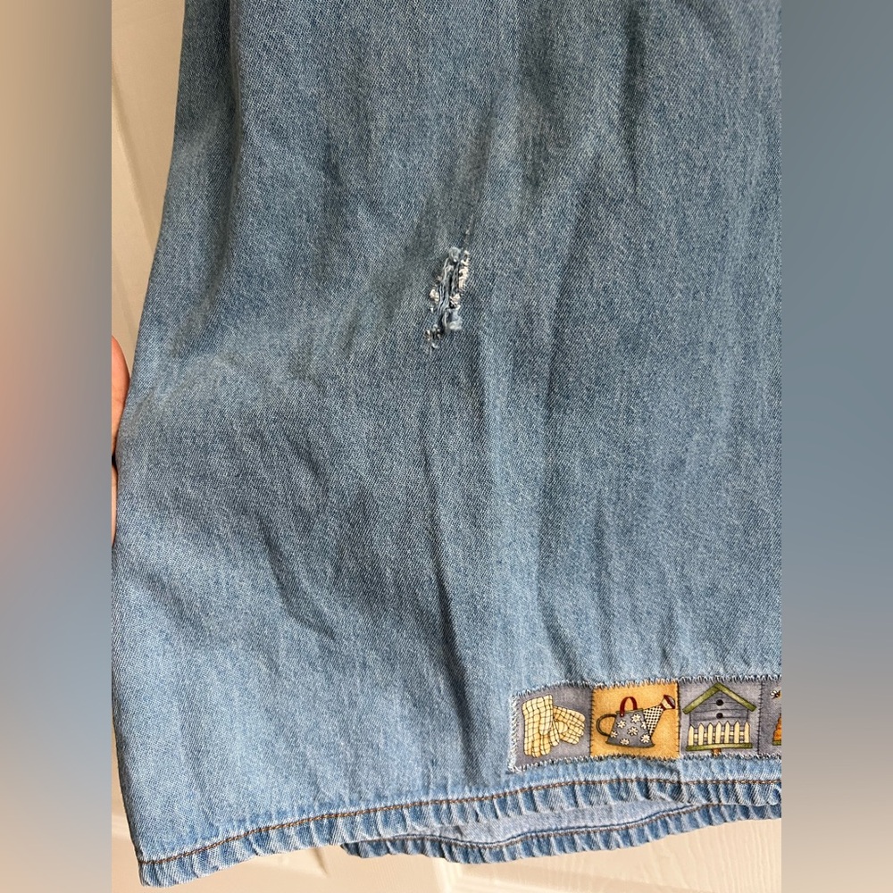Vintage Jane Ashley Blue Denim Tie Back Garden Patchwork Cottagecore Dress Large - Picture 12 of 14